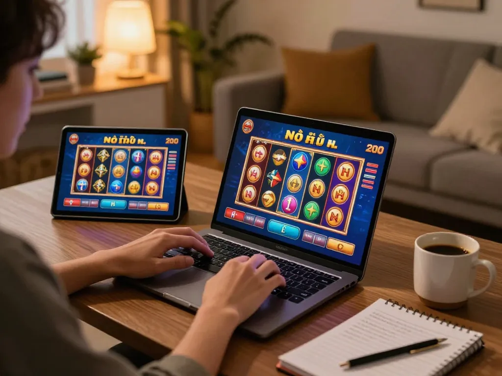 Playing nổ hũ on a laptop with vibrant colorful slots displayed, cozy home gaming setup.