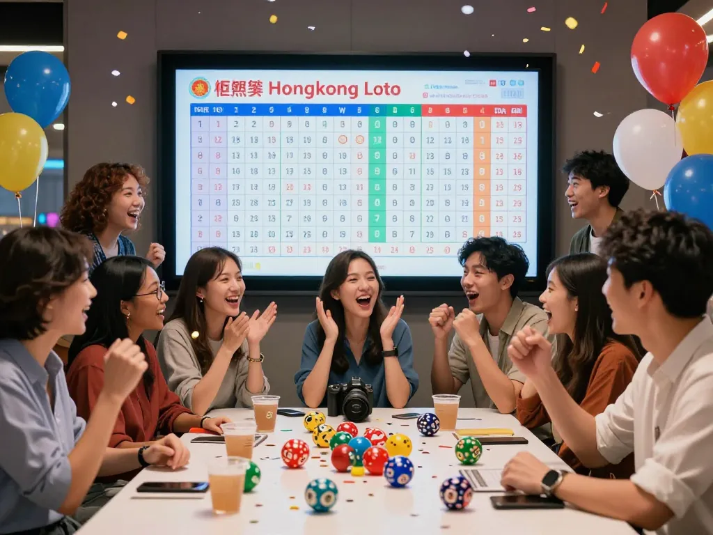 Community excitement surrounding Hongkong Lotto results with digital display and joyful participants.