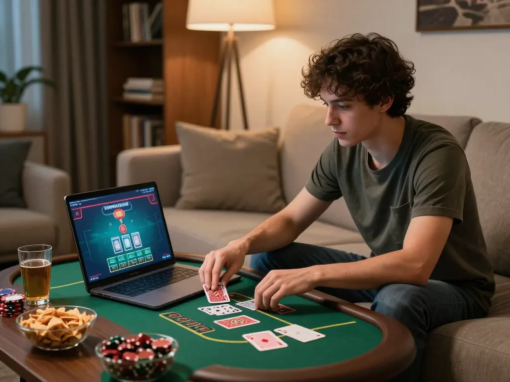 Onbet player strategically engaging in an online blackjack game from home.