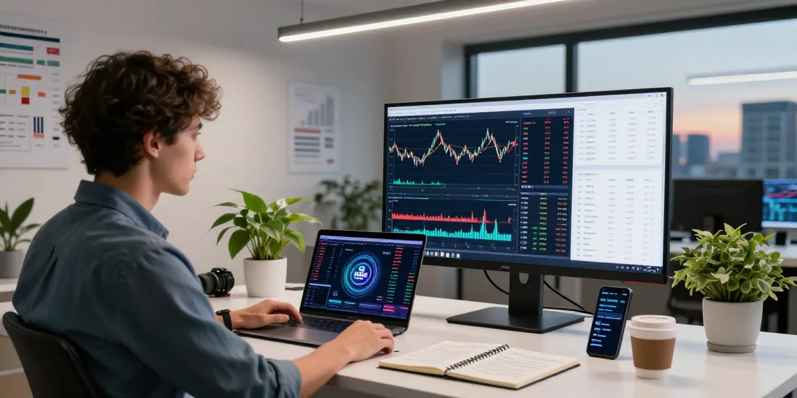 Data analyst examining EURUSD live data feed on multiple screens in a modern tech workspace