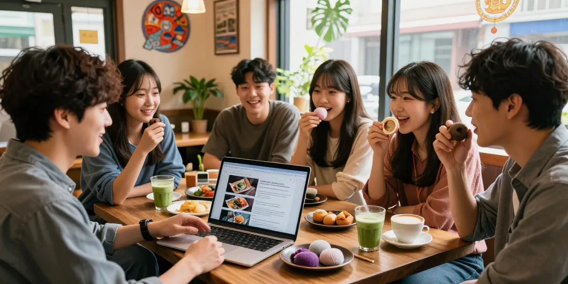 Friends at a coffee shop discussing Asian pop culture and cuisine, exploring content from https://hanadultalk.com.
