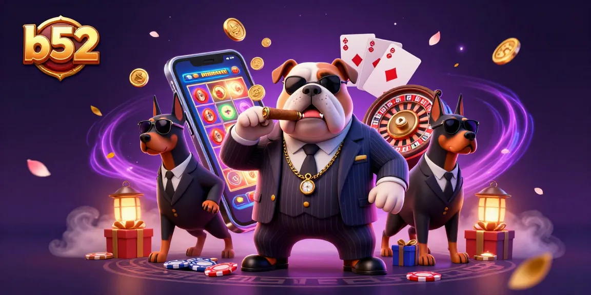 B52 players engaging with poker chips and winning on colorful slot games with elite mafia-style characters