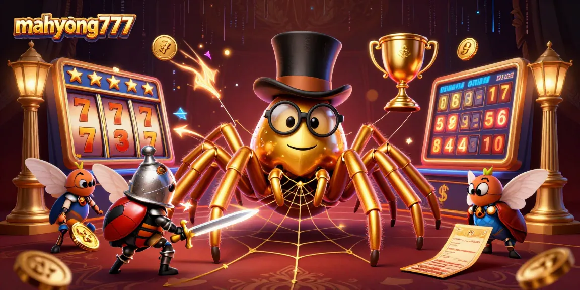 Experience mahyong777 in action with a golden tarantula and knight amidst slot machines and trophies.