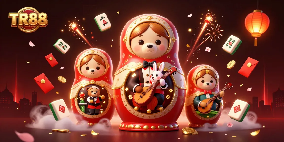 Join the excitement at TR88 with festive casino-themed 3D illustration full of vibrant game elements.