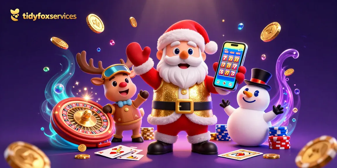 Experience the excitement of tidyfoxservices casino with Santa and friends showcasing jackpot slots in a festive digital scene.
