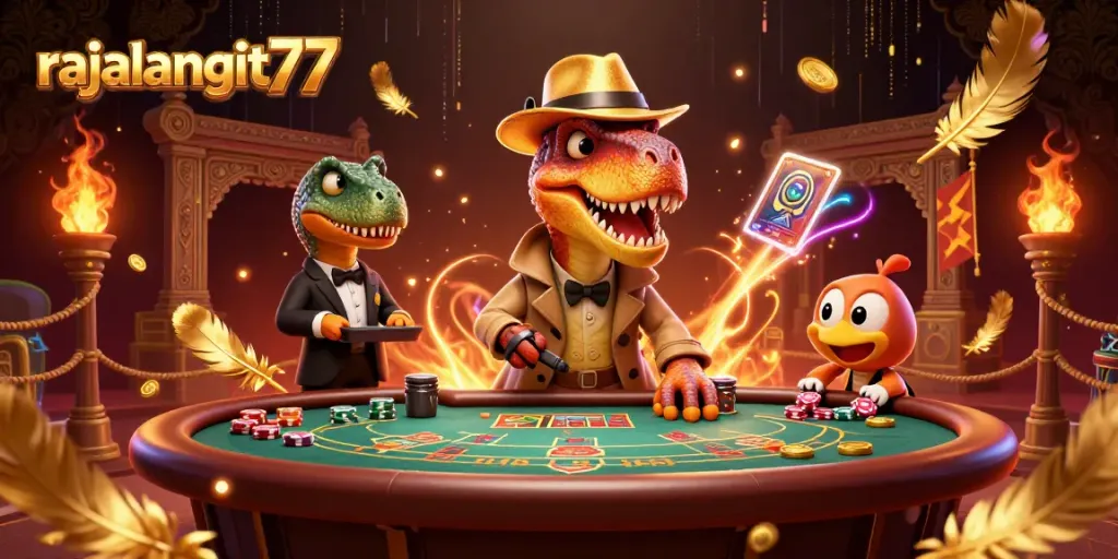 Memainkan Rajalangit77 dengan velociraptor dan stegosaurus di meja blackjack yang dramatis.