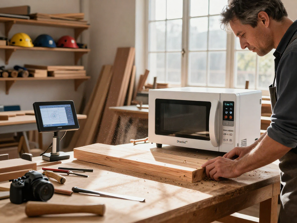 Shashel equipment in a woodworking workshop eliminating woodworms, with an artisan inspecting reclaimed wood.