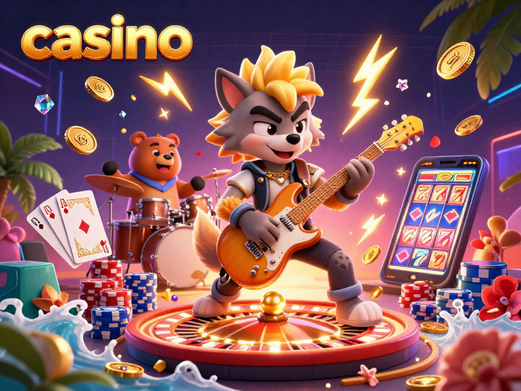 Experience the thrill of the casino with a dynamic rock star wolf and drummer bear celebrating wins.