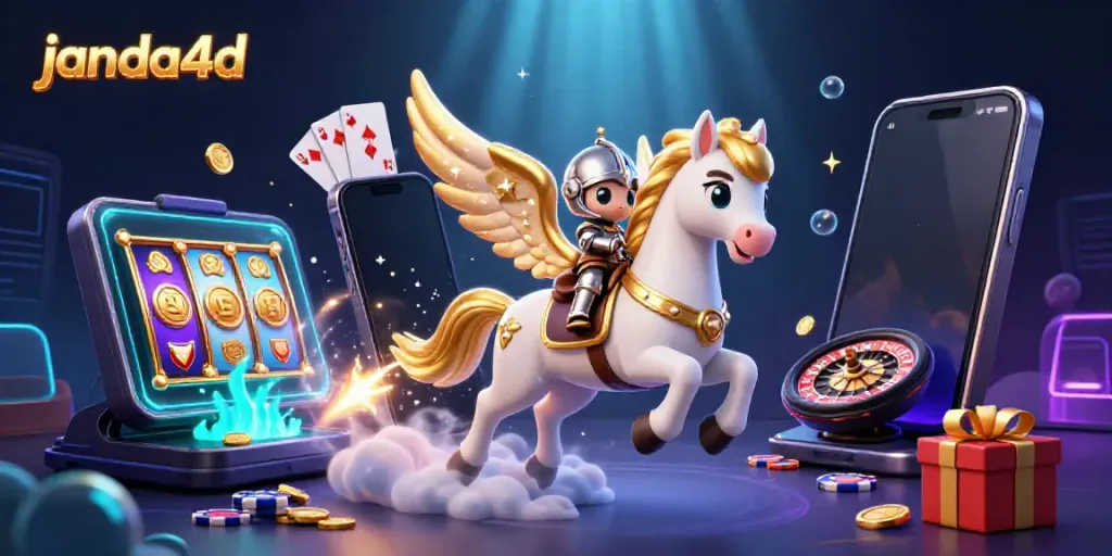 Tampilkan janda4d dalam ilustrasi tiga dimensi 3D yang meriah dengan permainan slot dan harta karun di sekitarnya.