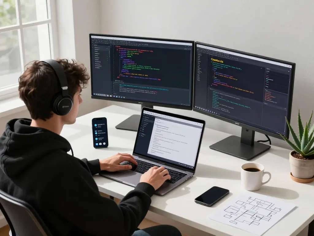Dynamic workspace showcasing a developer using ClawdBot AI on multiple screens, highlighting productivity and innovation.