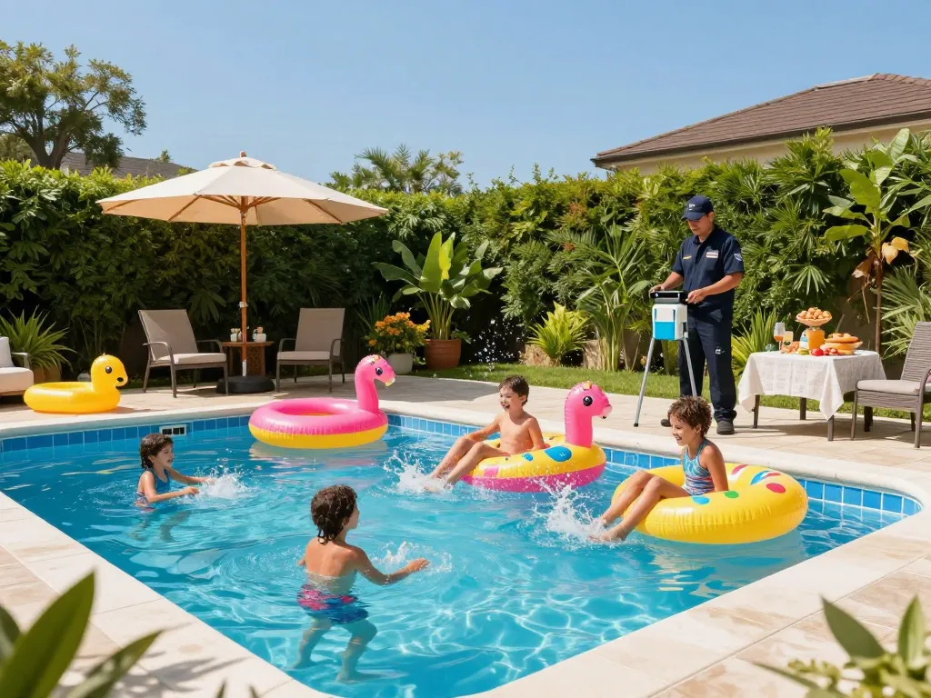 Dolphin Pool Services technician inspecting equipment while family enjoys a sunny day by their vibrant backyard pool.