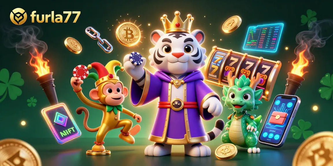 Experience the excitement of furla77 with a lively scene featuring a cartoon tiger, poker chips, and casino elements.