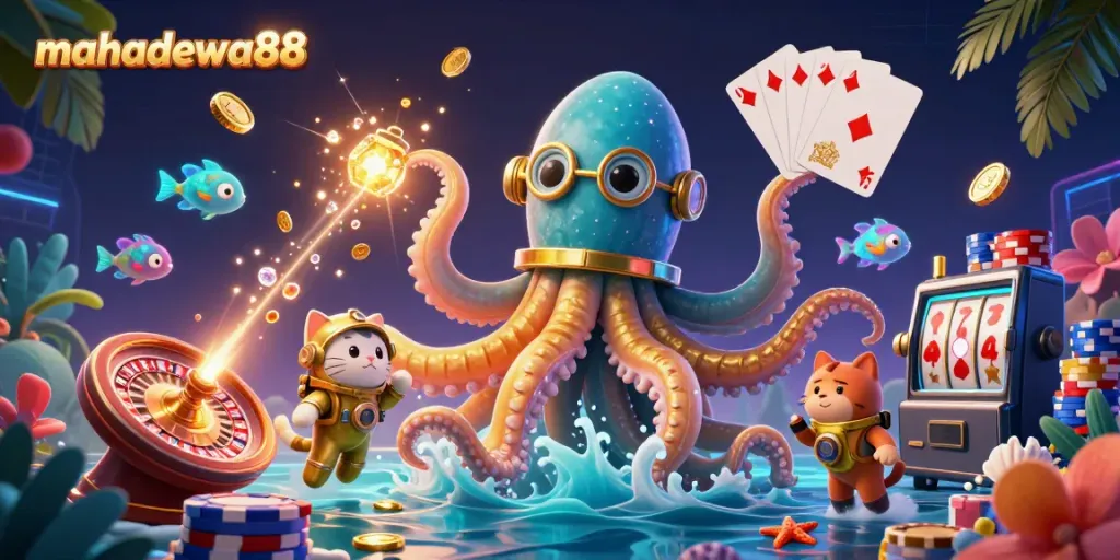 Experience the excitement of gaming with mahadewa88 featuring a kraken, diving cat, and shimmering treasures.