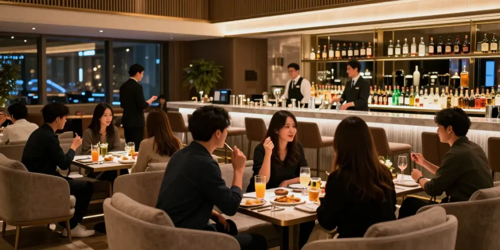 강남타이밍의 고급스러운 라운지 내부, 고객과 친절한 직원이 소통하는 모습