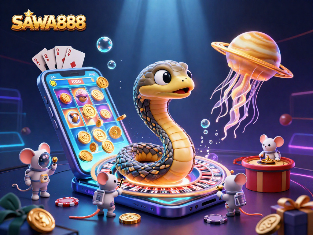 Experience the excitement of SAWA888 with astronaut mice betting on a cosmic roulette wheel.