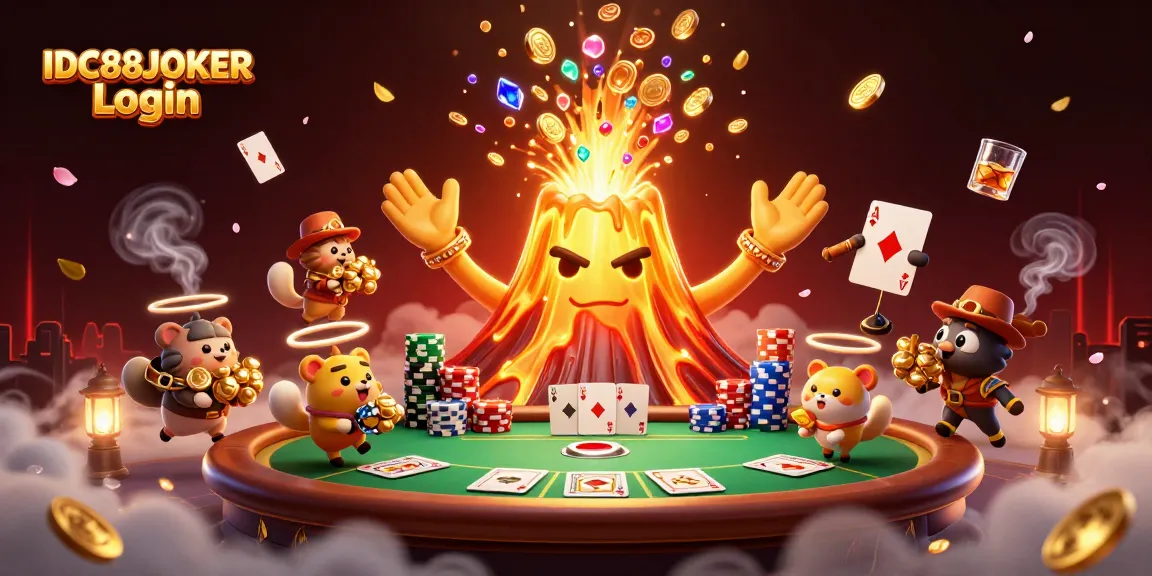 Experience the excitement of winning with IDC88JOKER Login, featuring a vibrant scene of a gaming volcano and treasure.