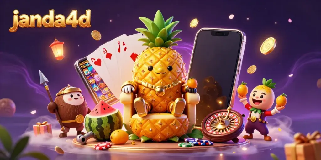 Slot online janda4d, raja nanas emas dikelilingi penjaga kelapa dan penghibur, suasana kasino menyenangkan.