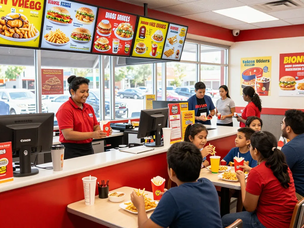 Fast food prices displayed on a menu board in a bustling restaurant with happy diners.