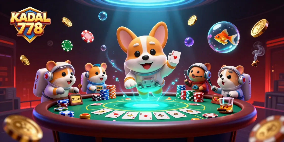 KADAL 778 casino-themed illustration of a floating astronaut corgi surrounded by poker elements in a space casino.