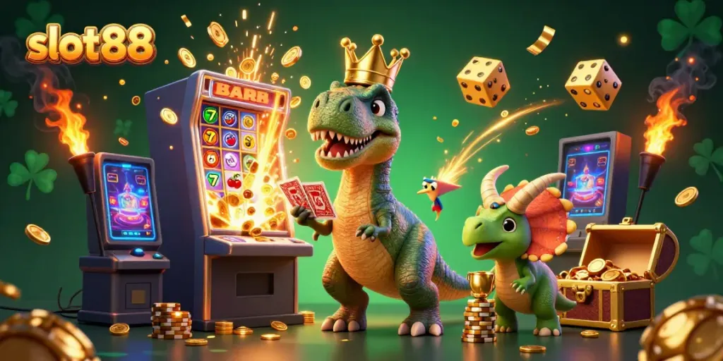 Experience entertainment with slot88 as T-Rex shuffles cards while a pterodactyl assists in a vibrant casino scene.