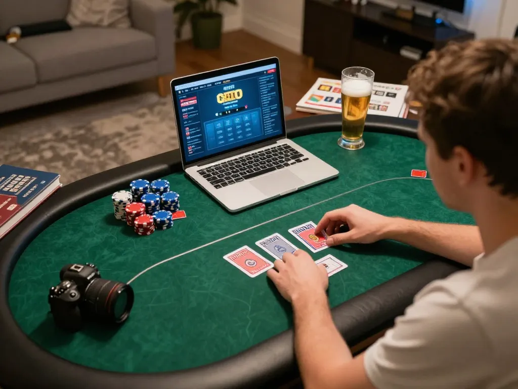 Player engaging in online poker game featuring O8, showcasing chips and cards in a cozy home setting