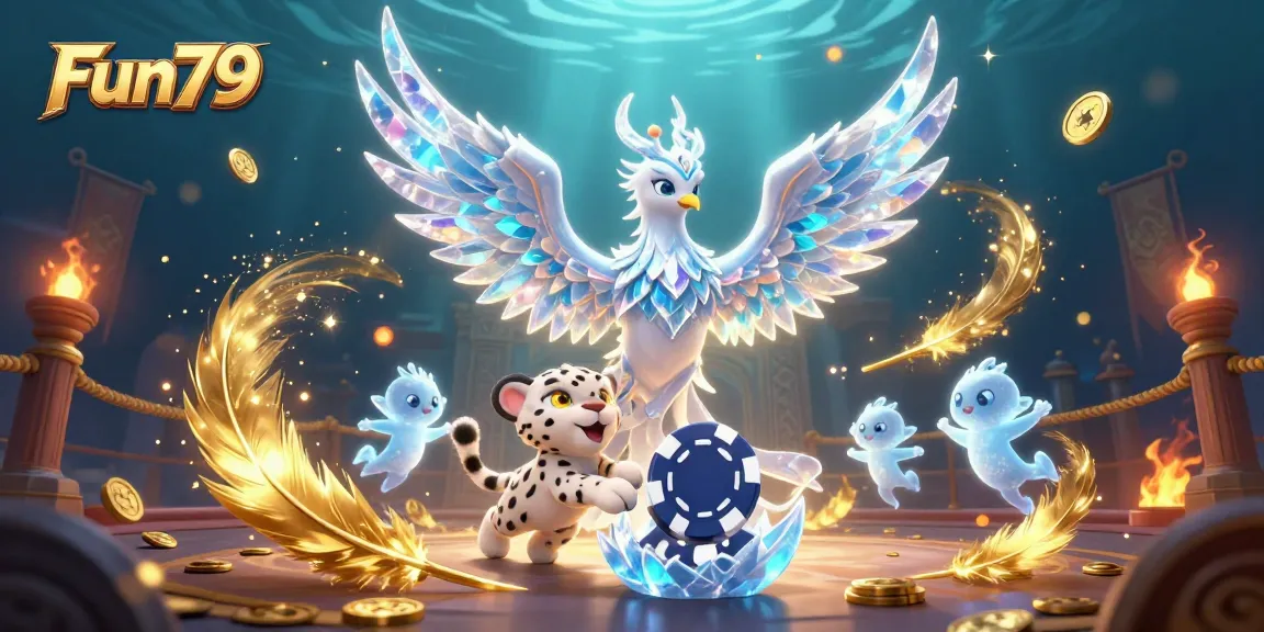 Engage in epic gameplay at Fun79, featuring a mystical scene with an ice phoenix and adventurous gaming elements.
