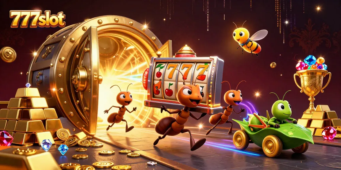 Menggandakan pengalaman bermain 777slot dengan ilustrasi 3D tim semut mencuri mesin slot besar dalam suasana yang penuh keberuntungan.