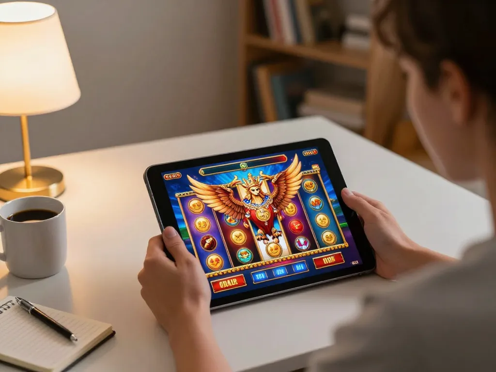 Player enjoying king garuda-themed slot game on tablet in cozy home setting