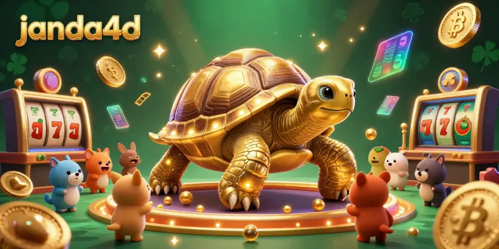 Menghadapi keseruan di janda4d dengan penyu emas besar di kasino, menampilkan mesin pinball dengan koin Bitcoin dan Ethereum.
