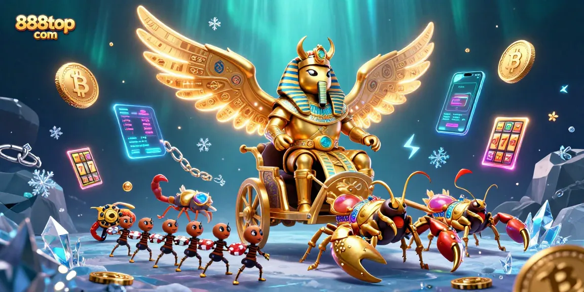 Experience the thrill of 888top com with vibrant 3D illustrations of a golden scarab beetle and casino riches.