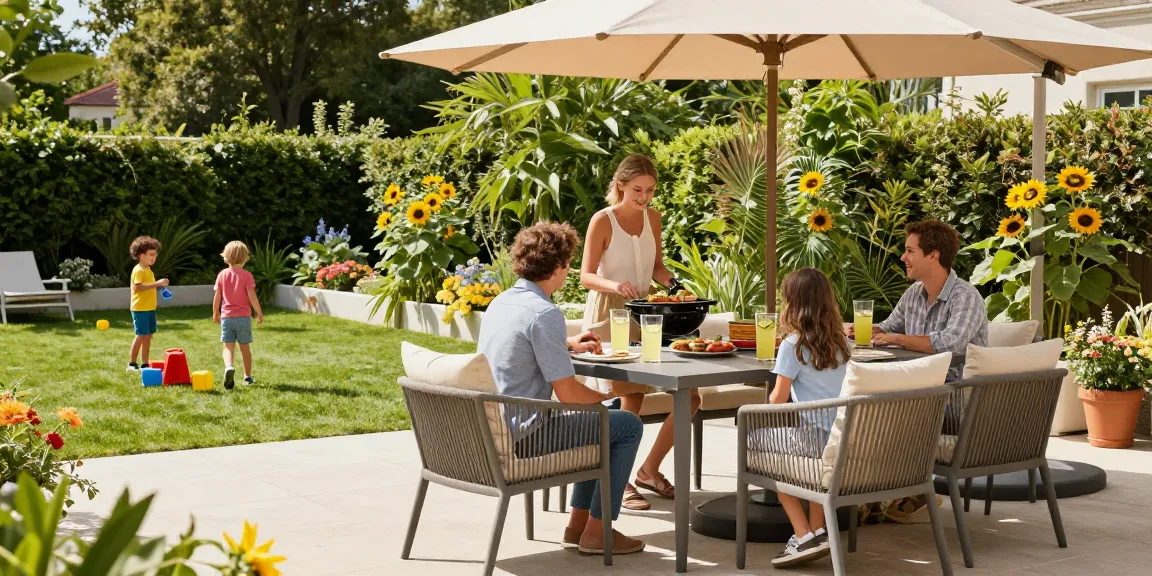 Patio furniture clearance sale with stylish outdoor dining set and family enjoying the sun.
