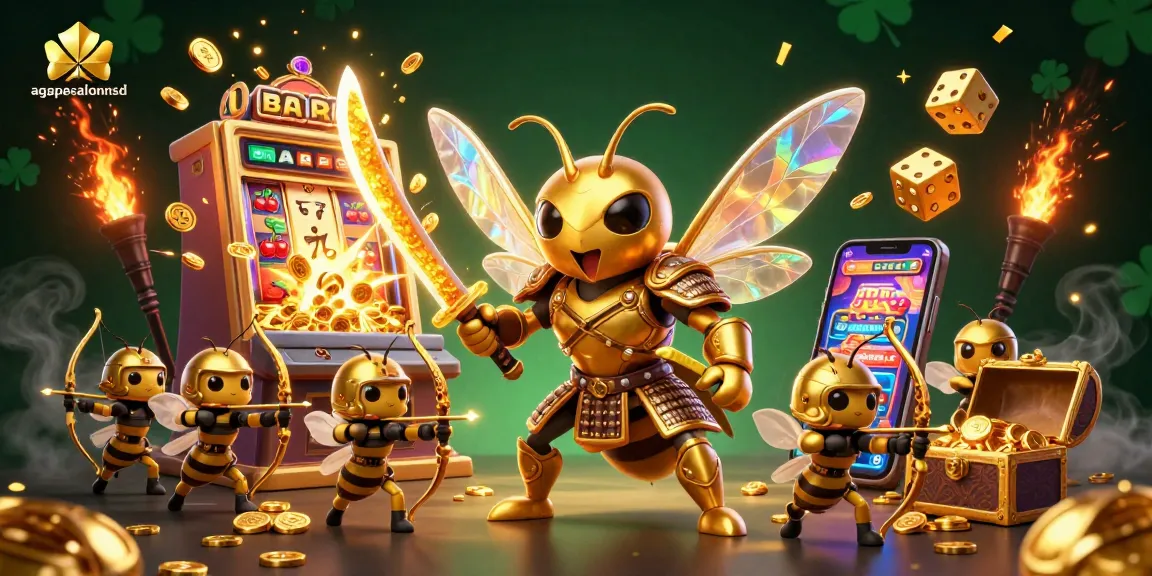 Engage with agapesalonnsd in a vibrant casino illustration highlighting golden hornet warriors amidst a jackpot explosion.
