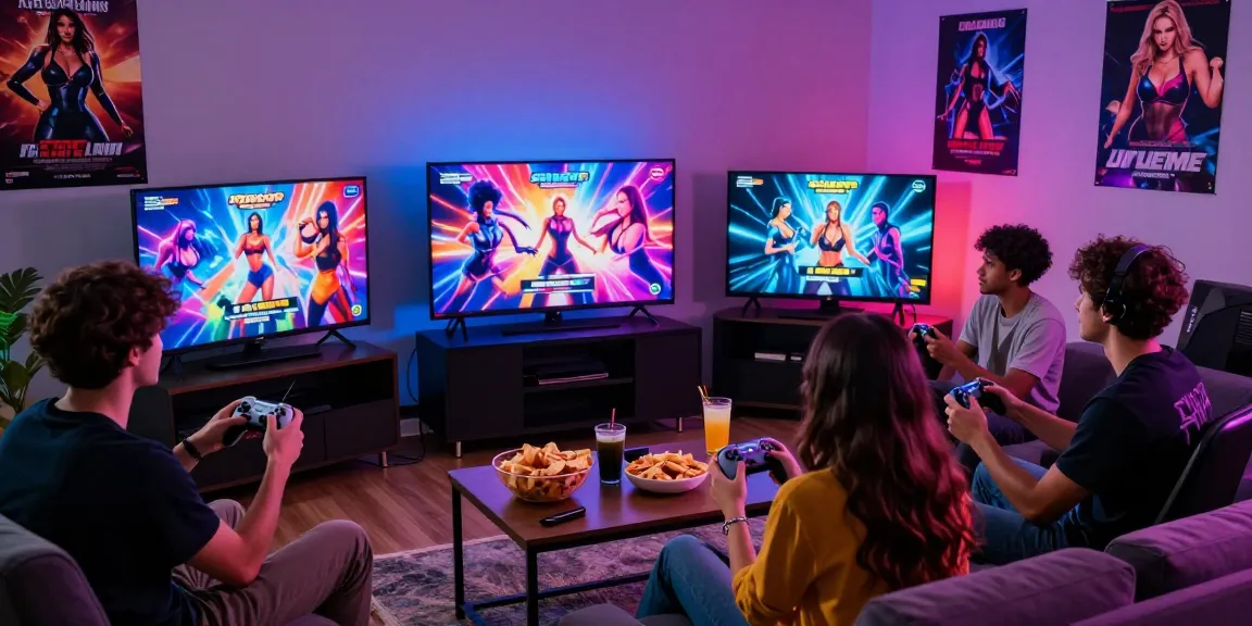 Friends enjoying a porngame night with exciting visuals and snacks in a vibrant setting.