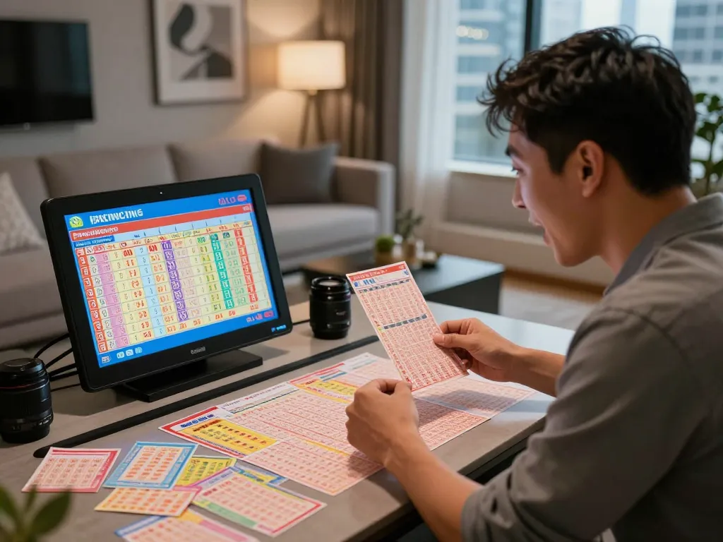 Engaged player celebrating a win in Hongkong Lotto with colorful tickets and digital results displayed.