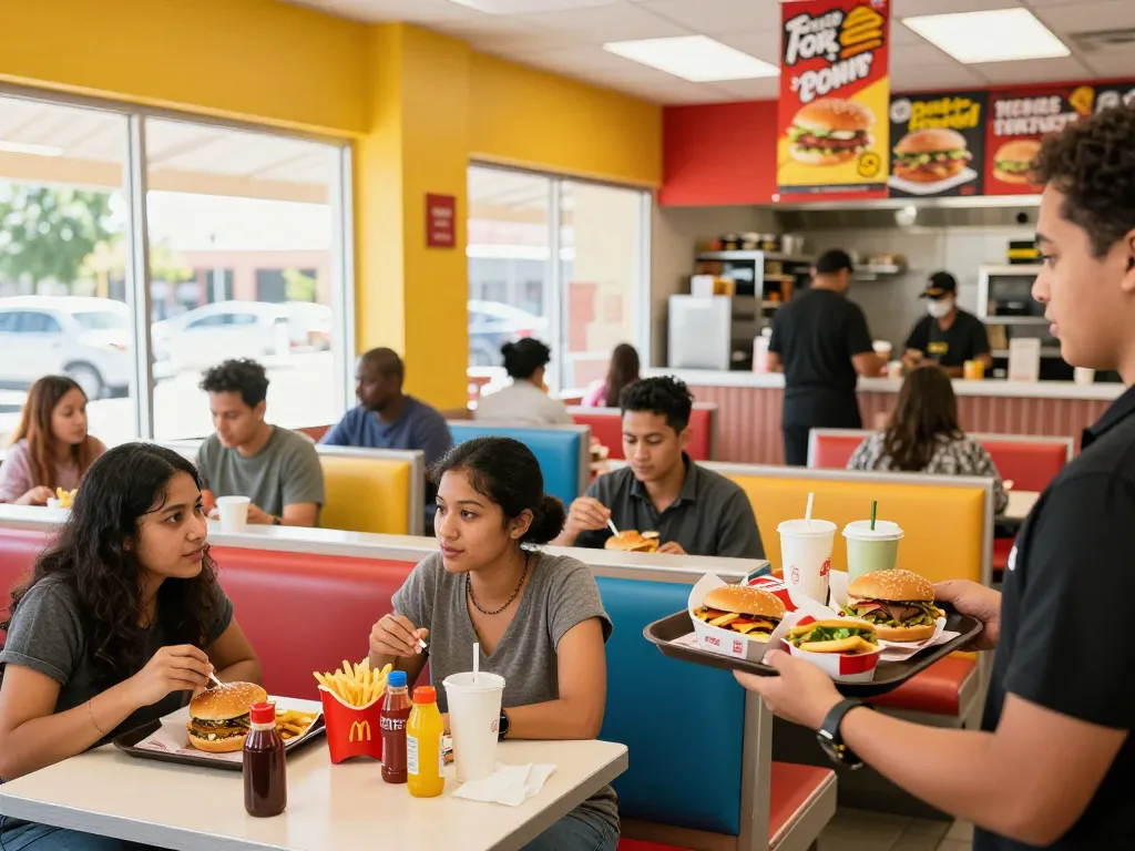 Fast food prices displayed prominently in a busy restaurant filled with diverse customers enjoying meals.