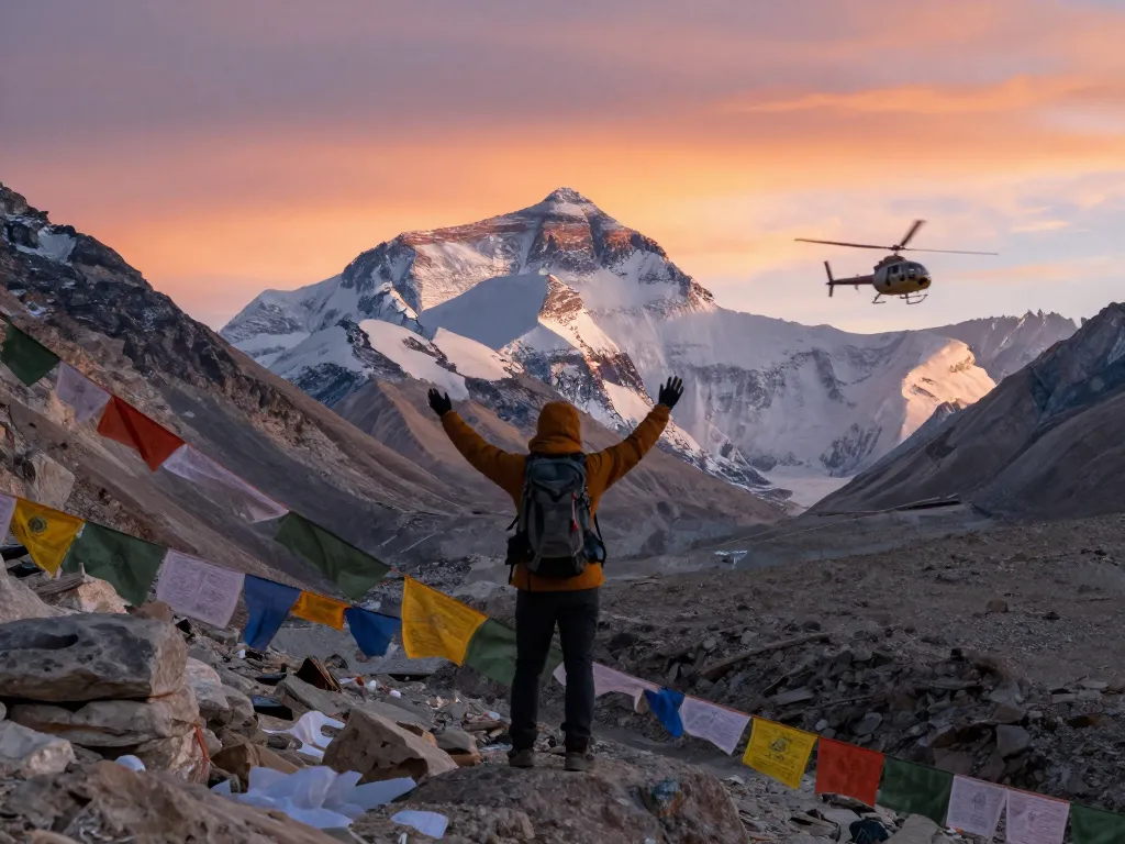 Everest Base Camp Heli Trek traveler at dawn with helicopter in background and stunning mountain views.