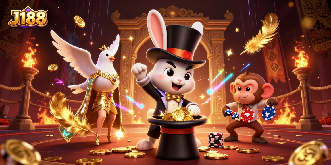Experience winning thrills with J188 as the magician rabbit pulls in golden coins amidst a vibrant casino scene.
