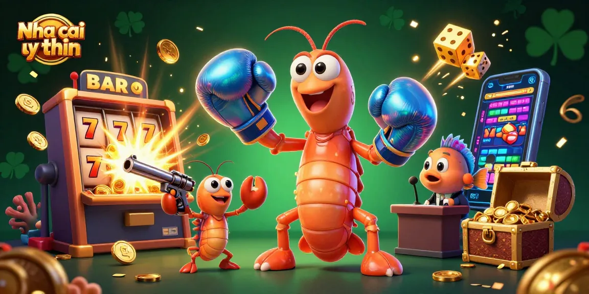 Nha cai uy tin showcases vibrant online gaming elements with shrimp characters celebrating a jackpot, enhancing the gambling experience.