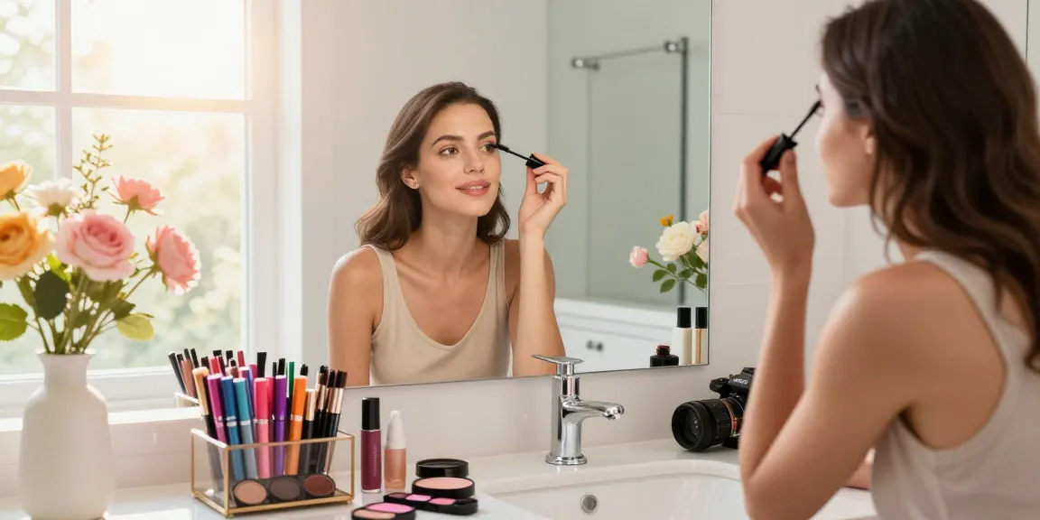 Applying luxe waterproof mascara in a bright bathroom with a glam makeup setup.