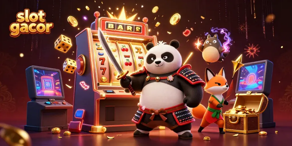 Experience thrilling wins with slot gacor in this dynamic casino illustration featuring samurai and spirits.