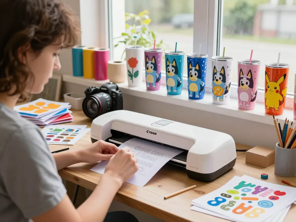 Crafting colorful tumbler designs using Cricut SVG bundle files in a creative studio.