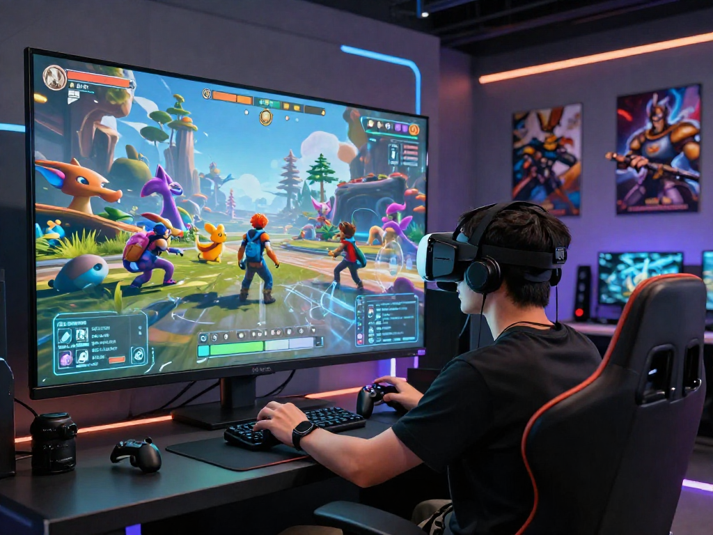 Immersive gaming scene featuring a player in VR experiencing character ai nsfw simulation with vibrant digital creatures.