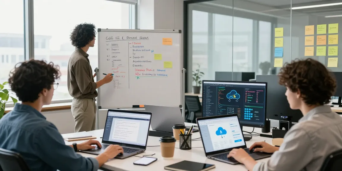 A collaborative team at romulus.digital developing innovative software solutions in a bright modern office.