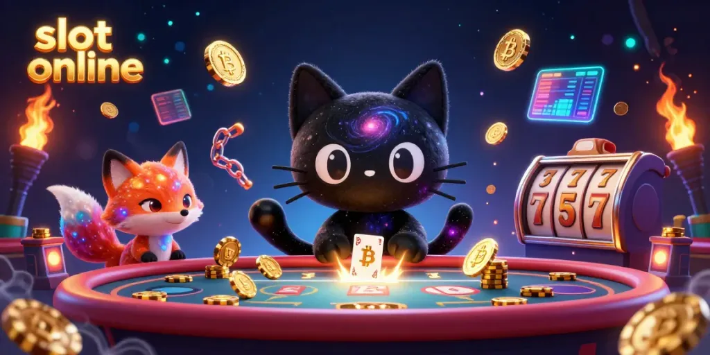 Experience thrilling moments playing slot online with a whimsical cosmic cat and fox in a vibrant casino.