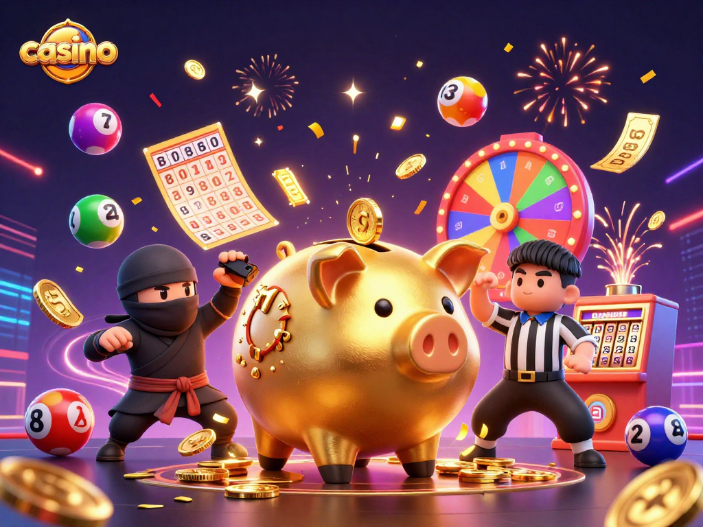 Celebreate casino excitement with animated 3D cartoon characters, colorful lottery balls, and prize elements.