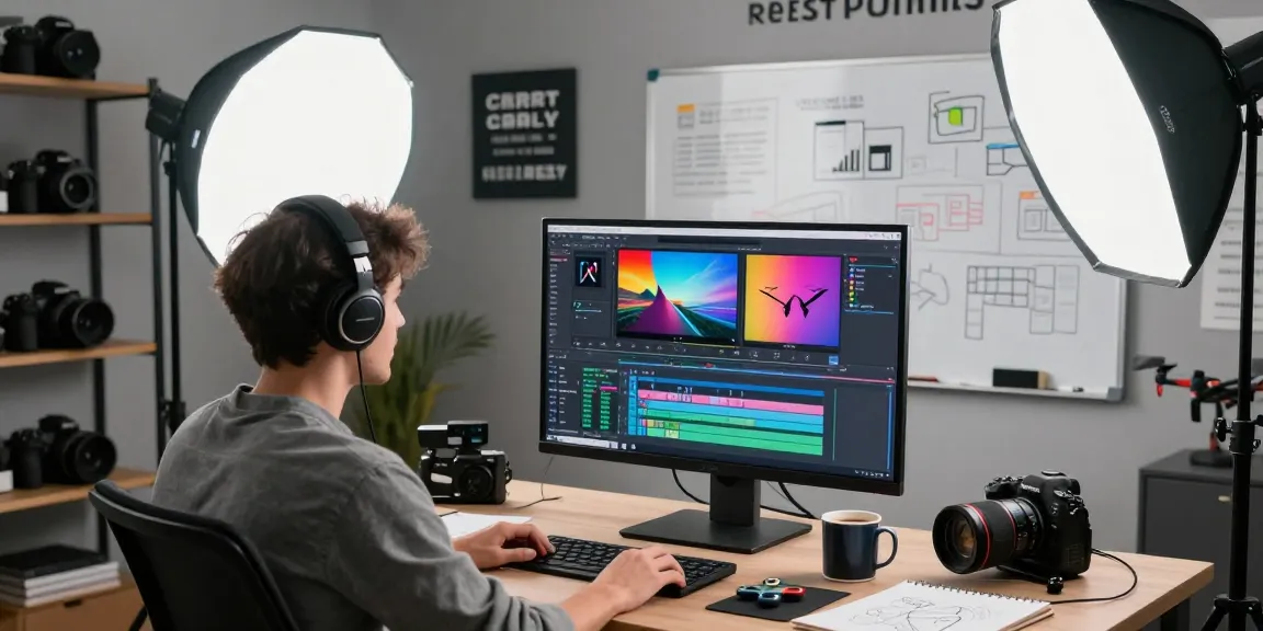 Adobe Premiere Pro training course in an engaging editing studio with creative elements and video equipment.