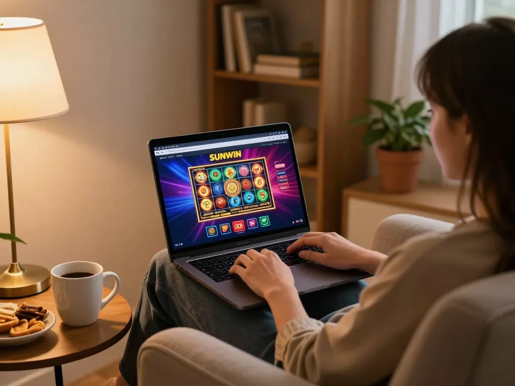 Engaging with Sunwin online casino on a laptop in a cozy home setting