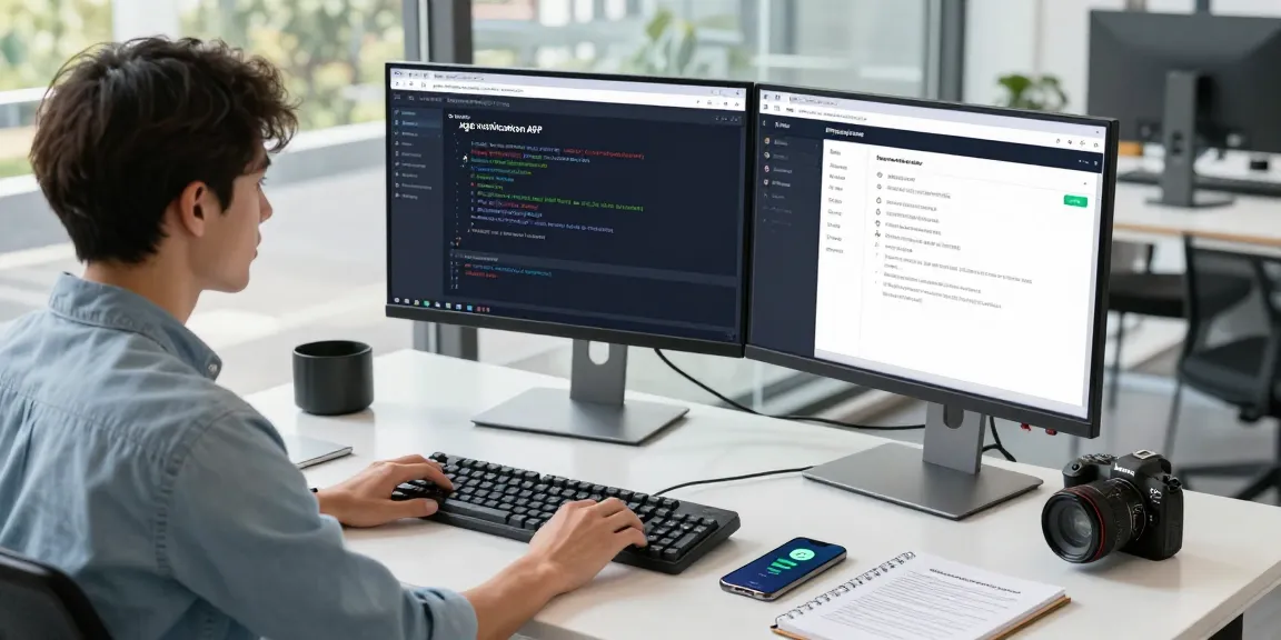 Developer implementing an age verification system in a modern tech workspace.