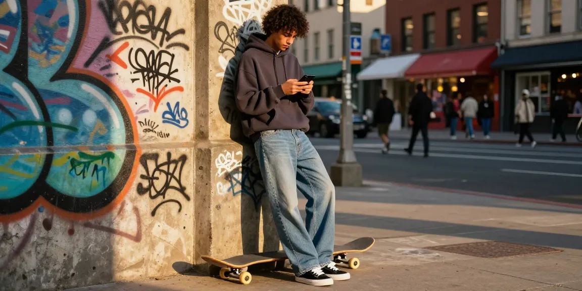 Fashionable young adult in 레플리카 streetwear browsing smartphone against a vibrant graffiti wall, capturing urban lifestyle.