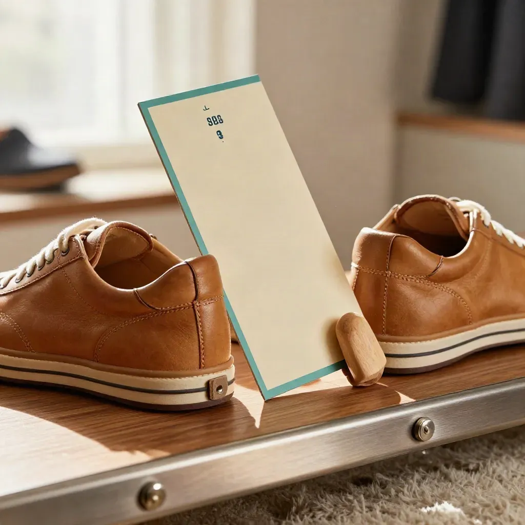 Leather sneakers framing a tall shoe size chart card beside a cedar shoe tree, dust in backlight.
